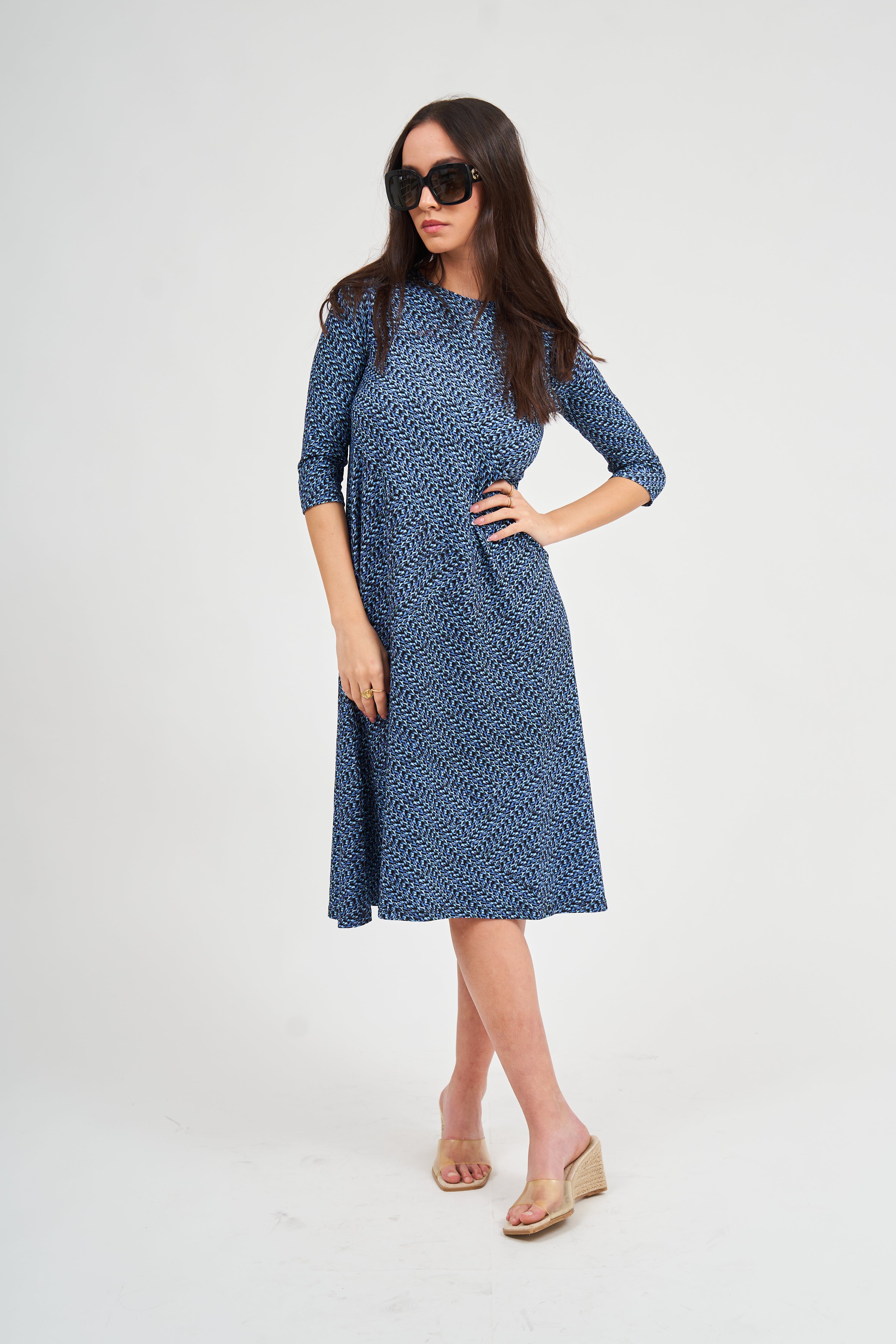 Swing Dress - Robe en maille imprimée bleue