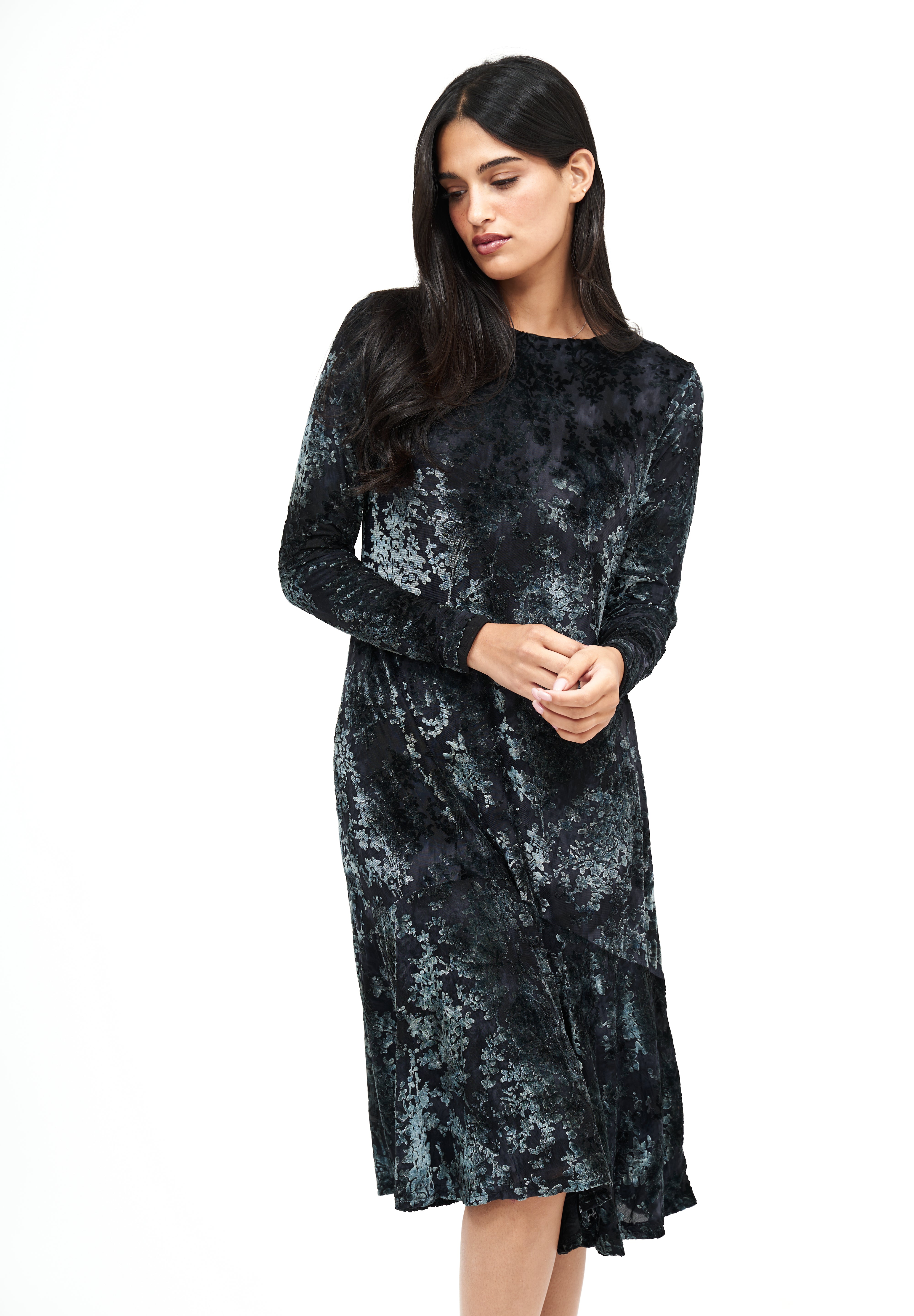Robe fleurie en velours à volants Anthro : Gris