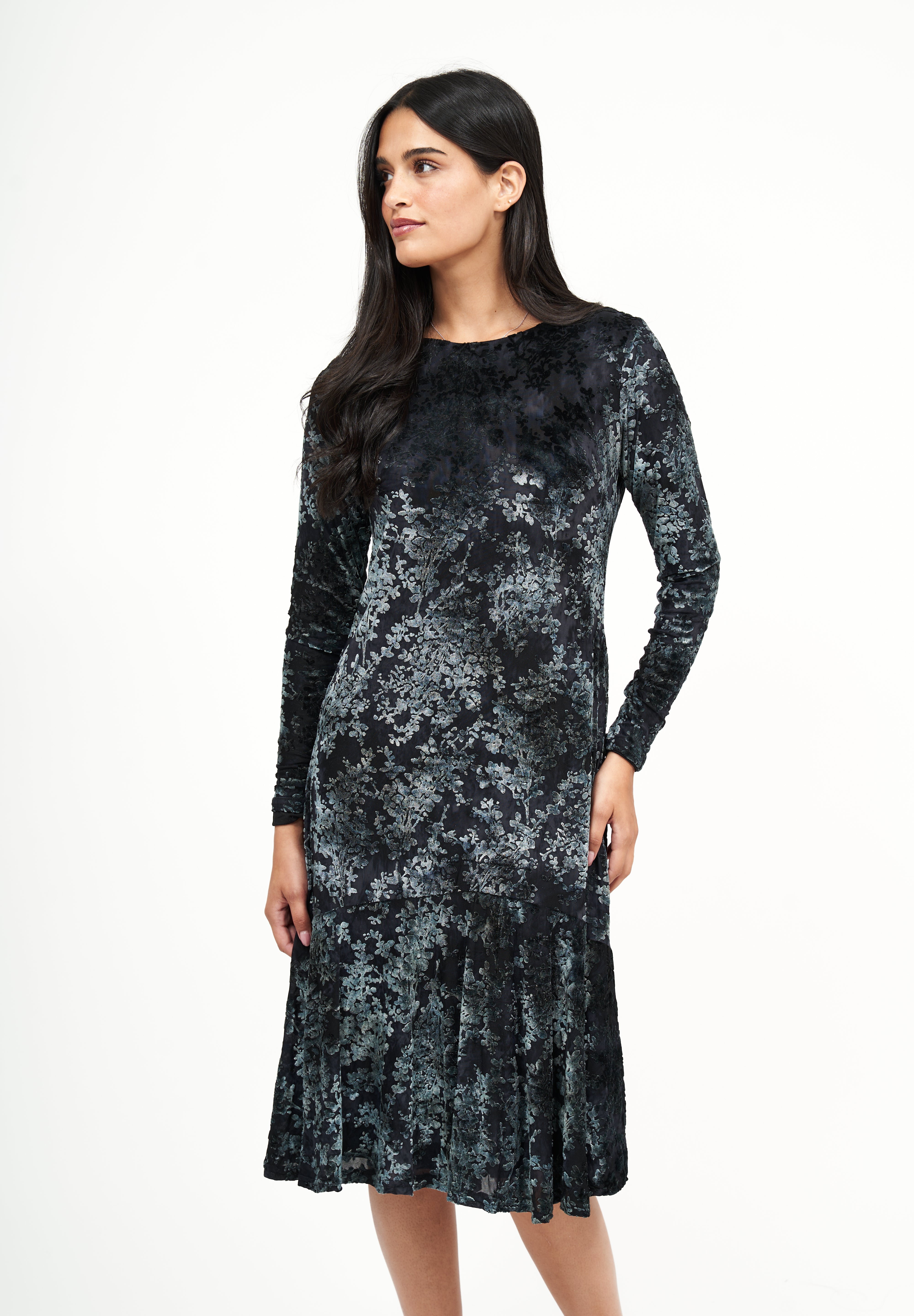 Robe fleurie en velours à volants Anthro : Gris