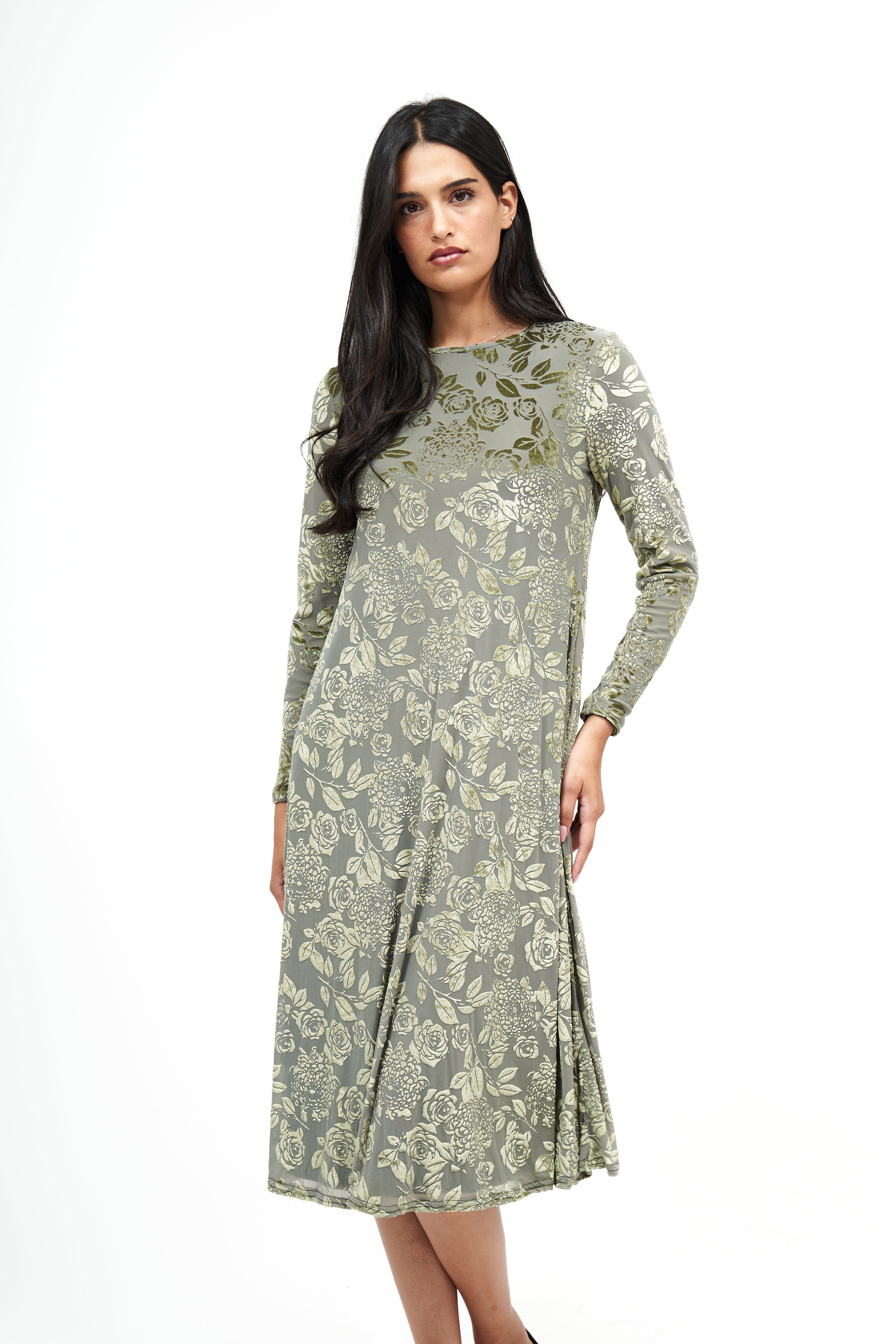 New Swing Floral Velvet Dress : Olive