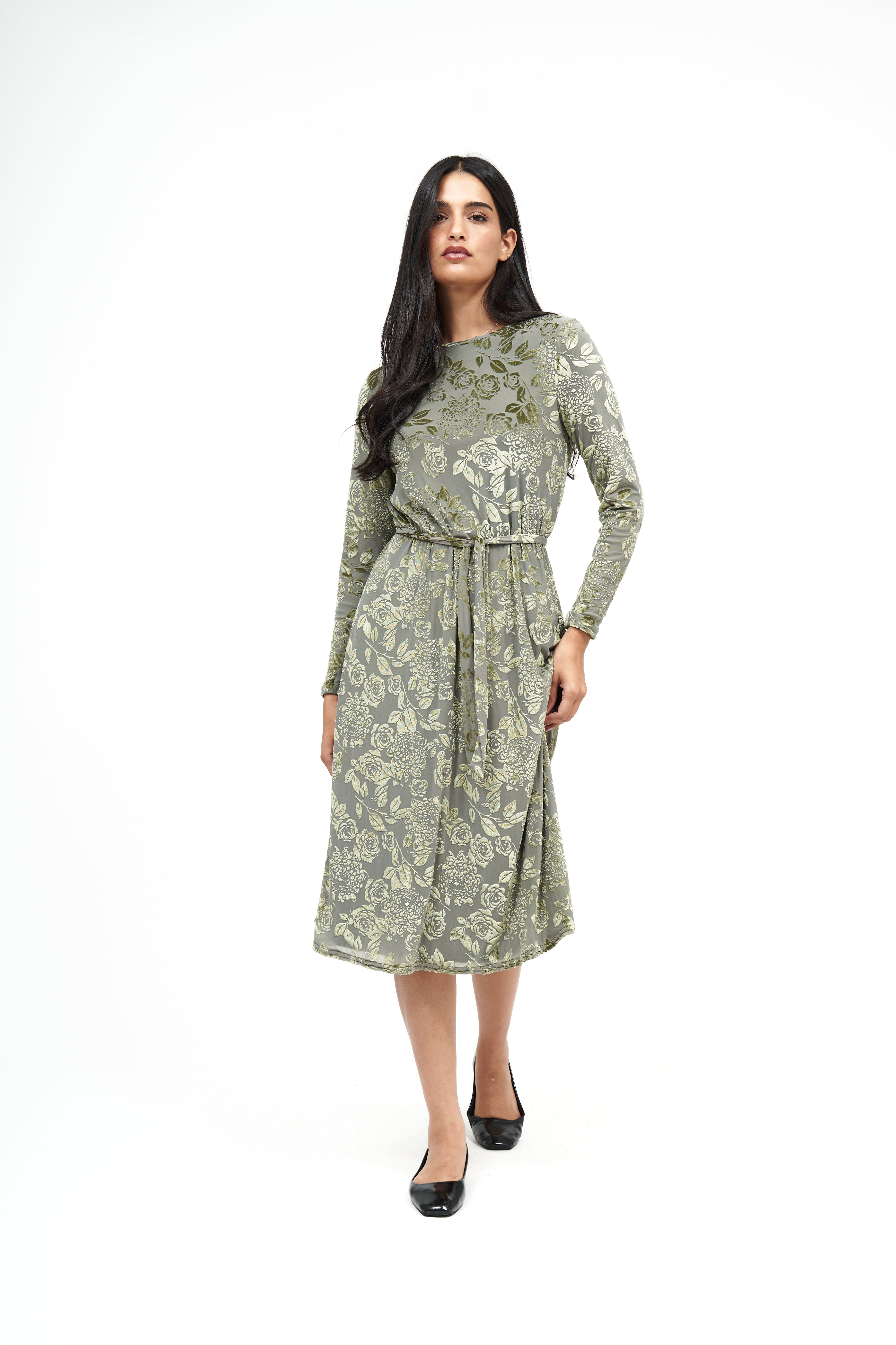 New Swing Floral Velvet Dress : Olive