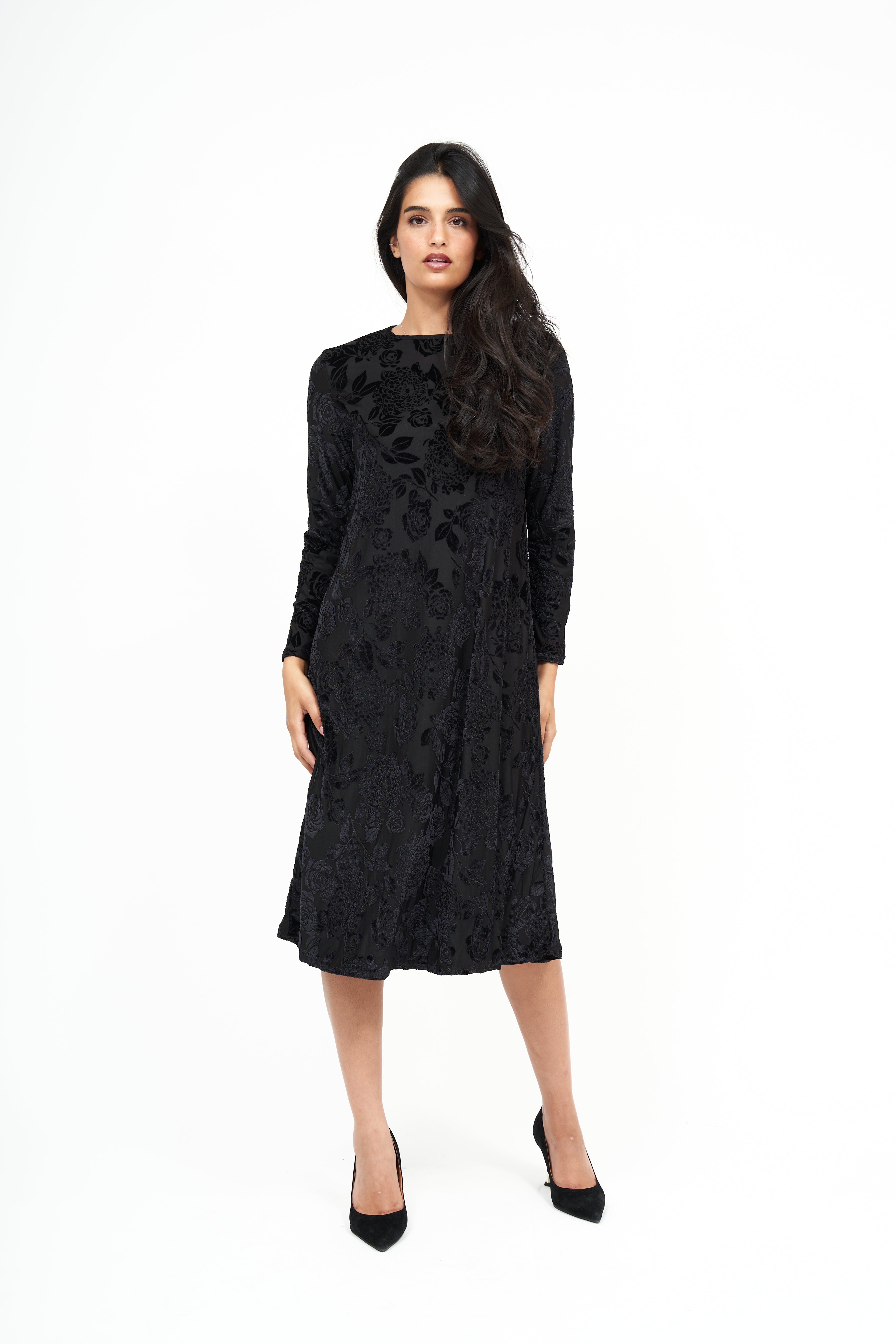 New Robe en Velours à Fleurs Swing : Noir