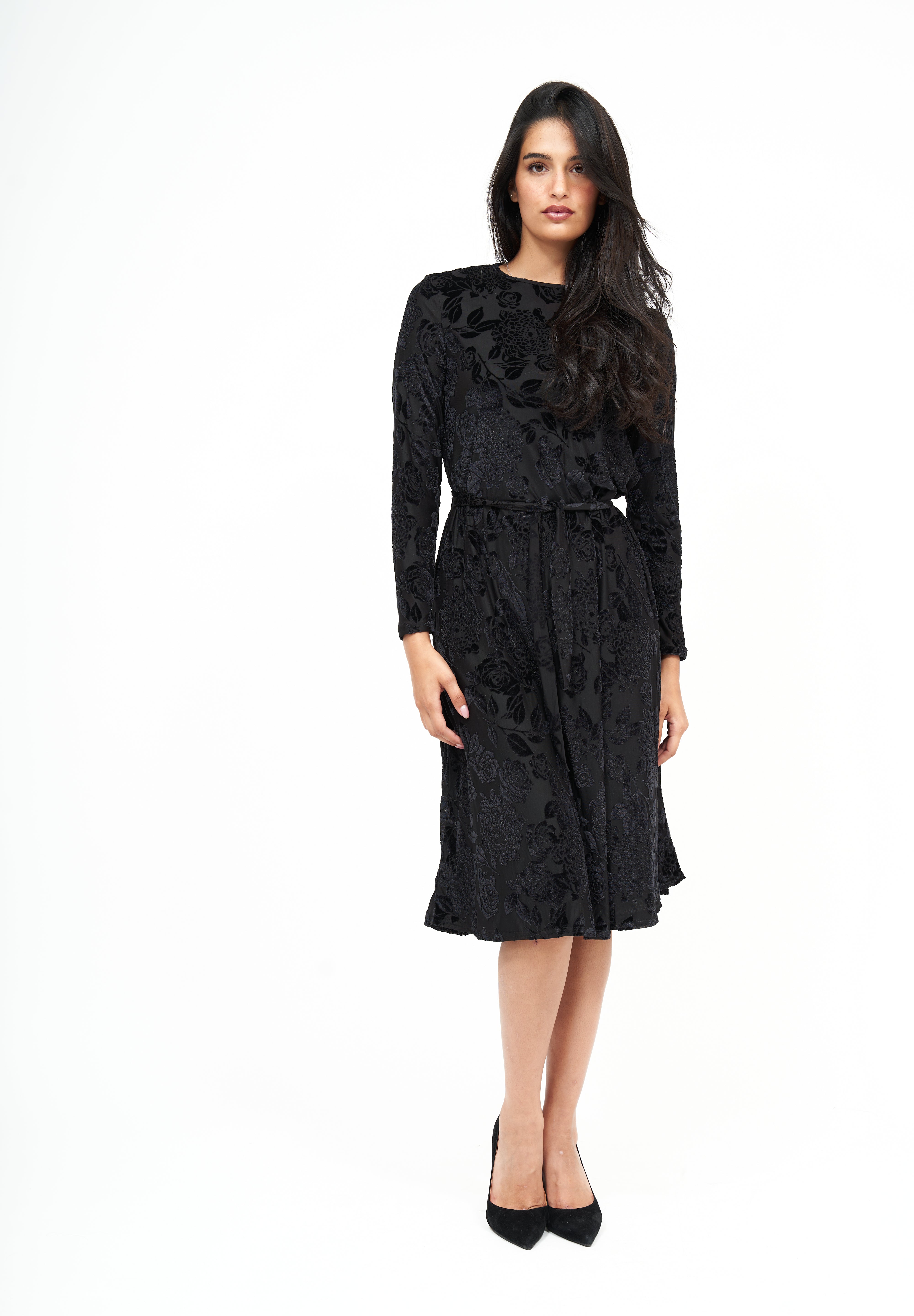 New Robe en Velours à Fleurs Swing : Noir