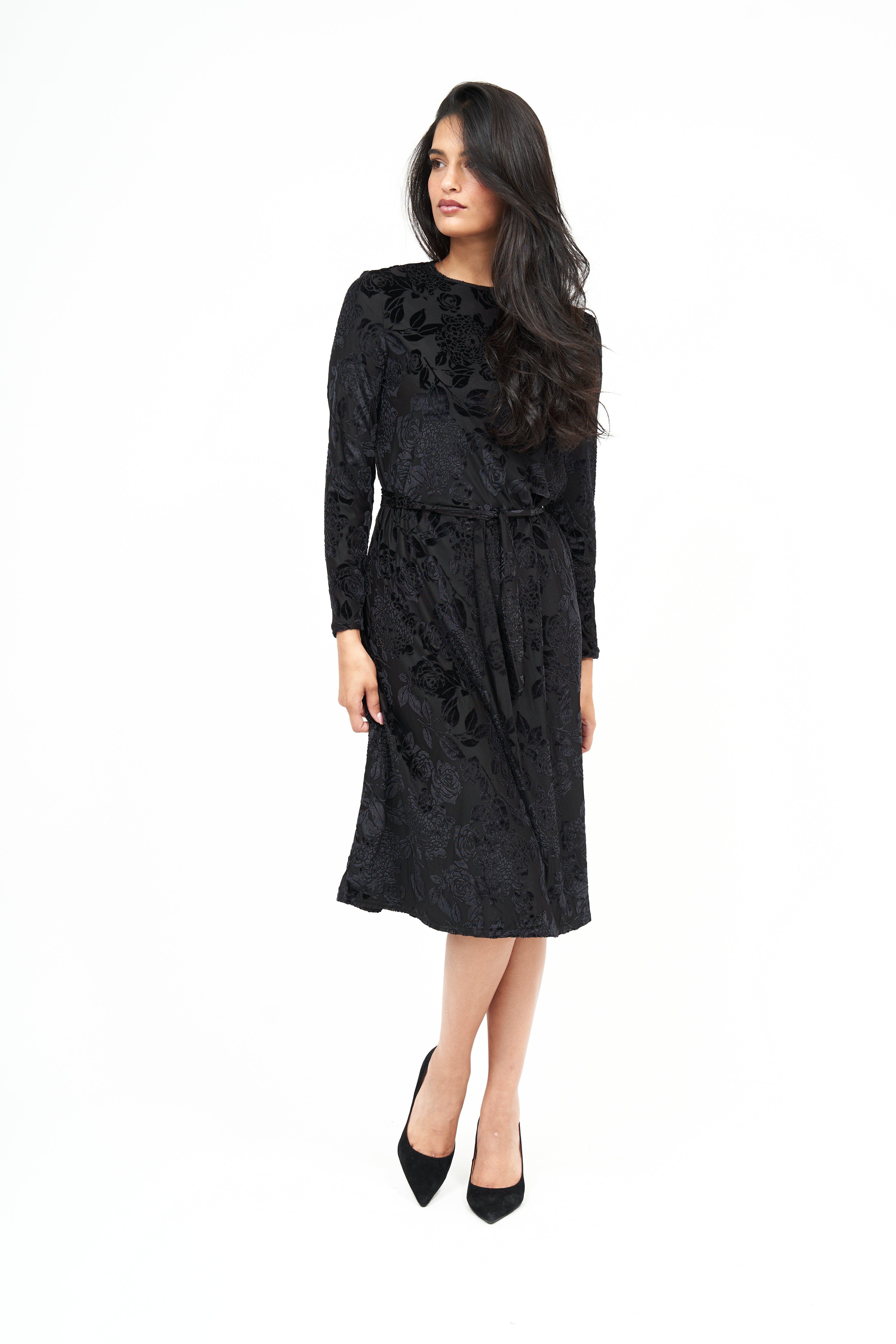 New Robe en Velours à Fleurs Swing : Noir