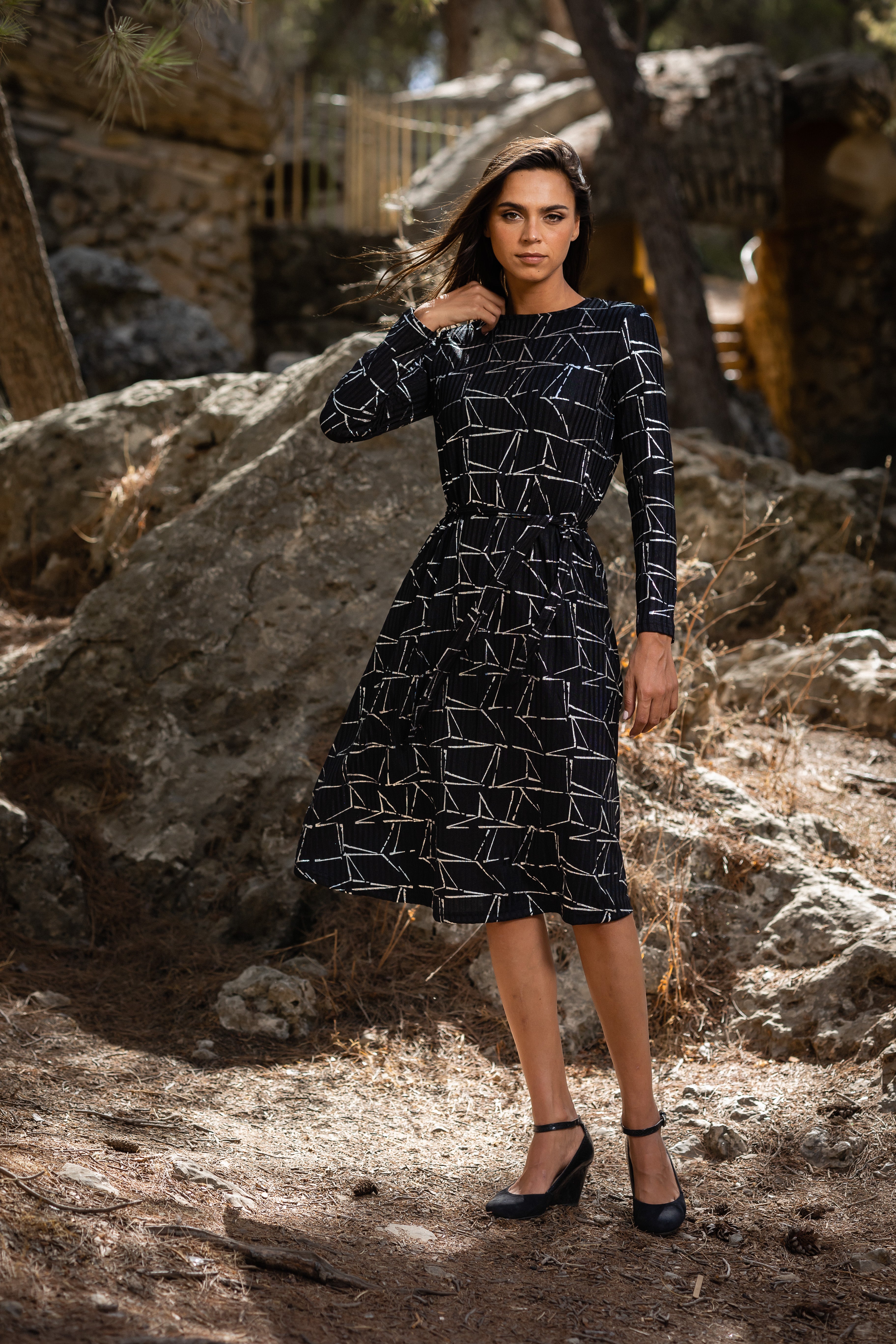Geometric Black & Silver Swing Dress