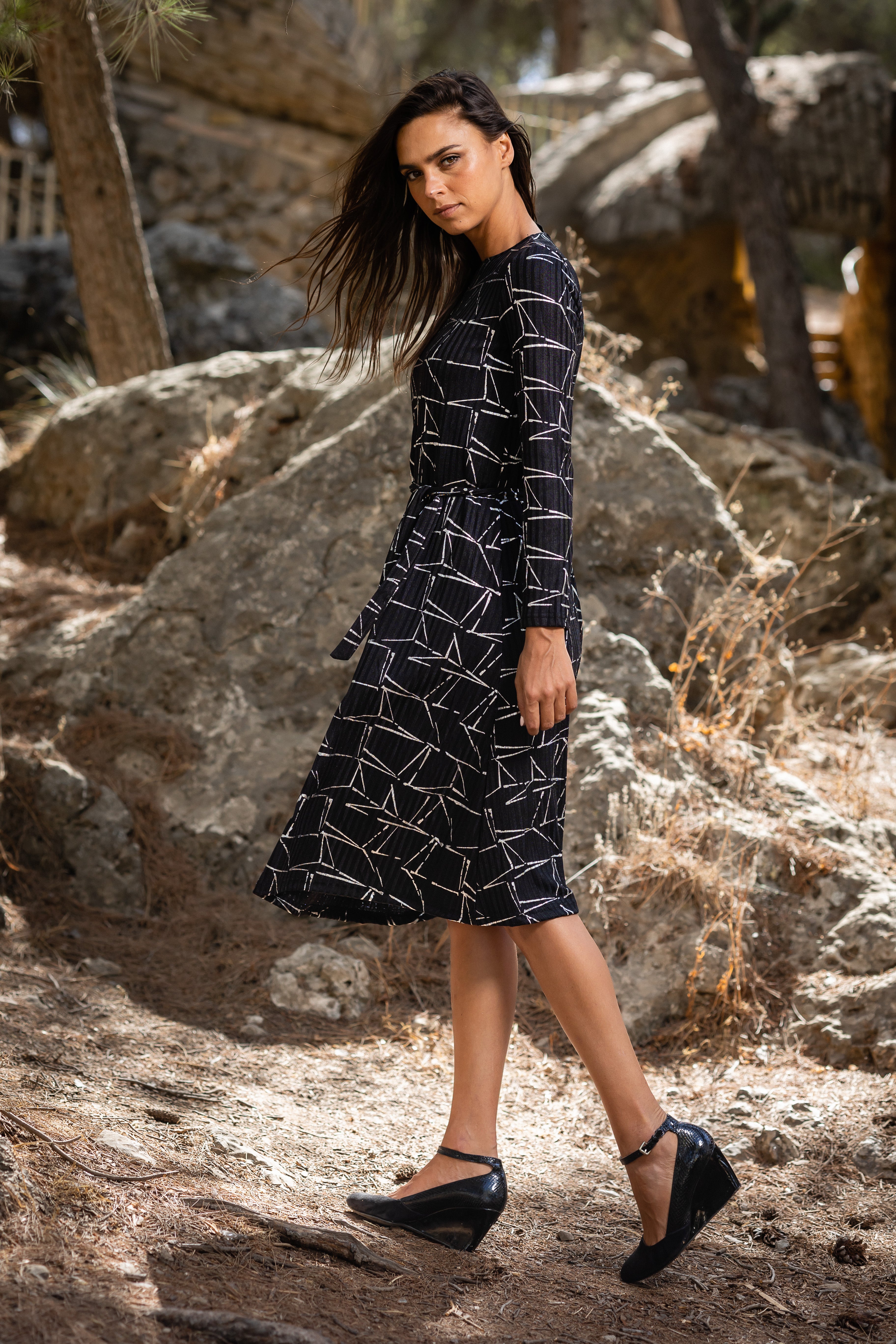 Geometric Black & Silver Swing Dress