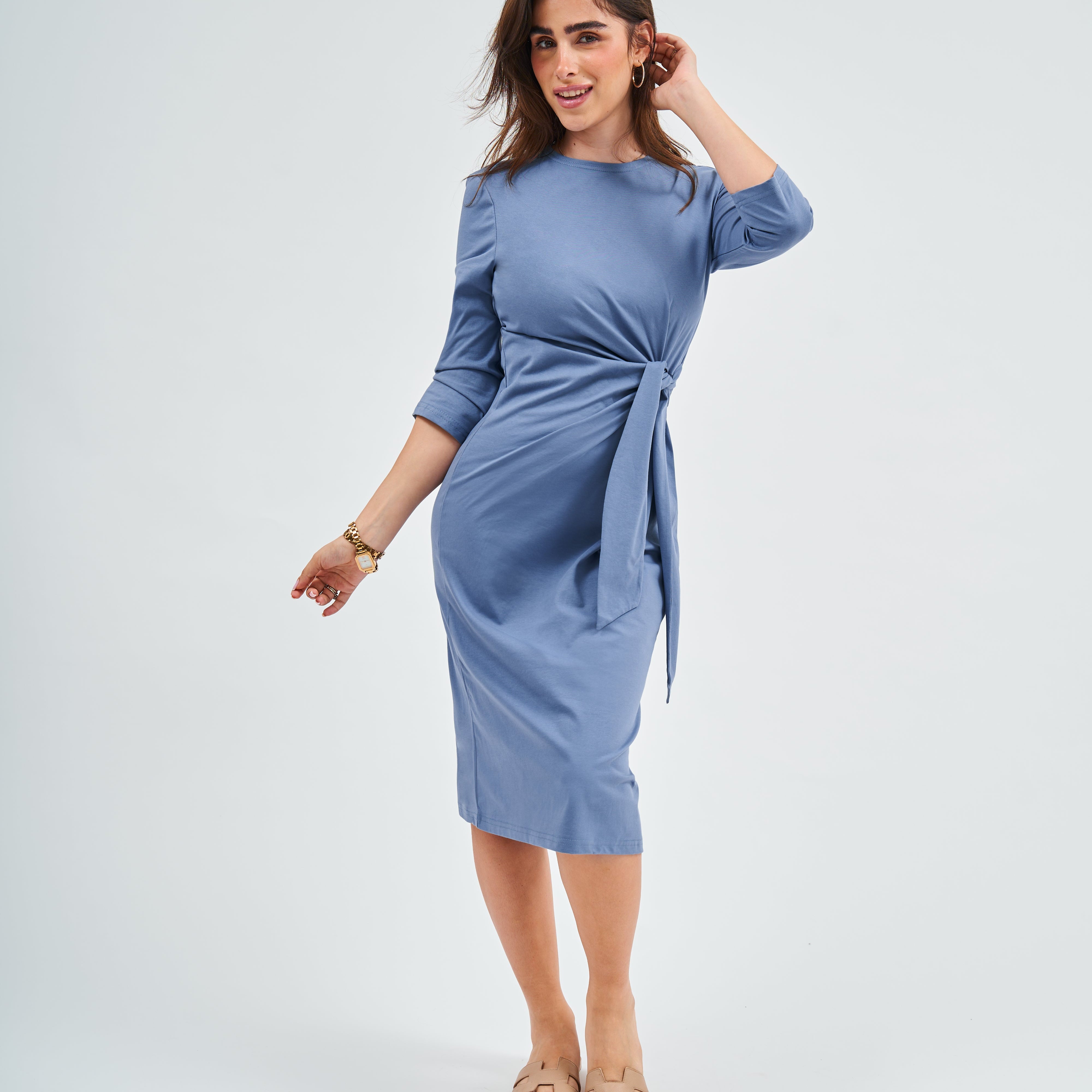 Daniella Faye Summer Edit — Modest Dusty Blue Tie Dress