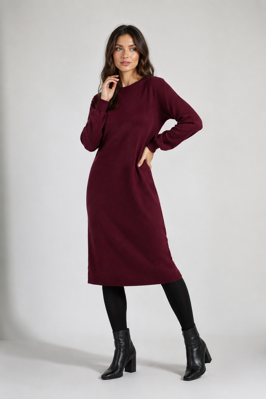 Atelier Modest Sweatshirt Dress for Women | Puff Sleeve Elegant Knit Dress | Merlot