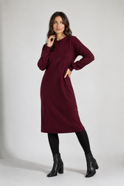 Atelier Modest Sweatshirt Dress for Women | Puff Sleeve Elegant Knit Dress | Merlot