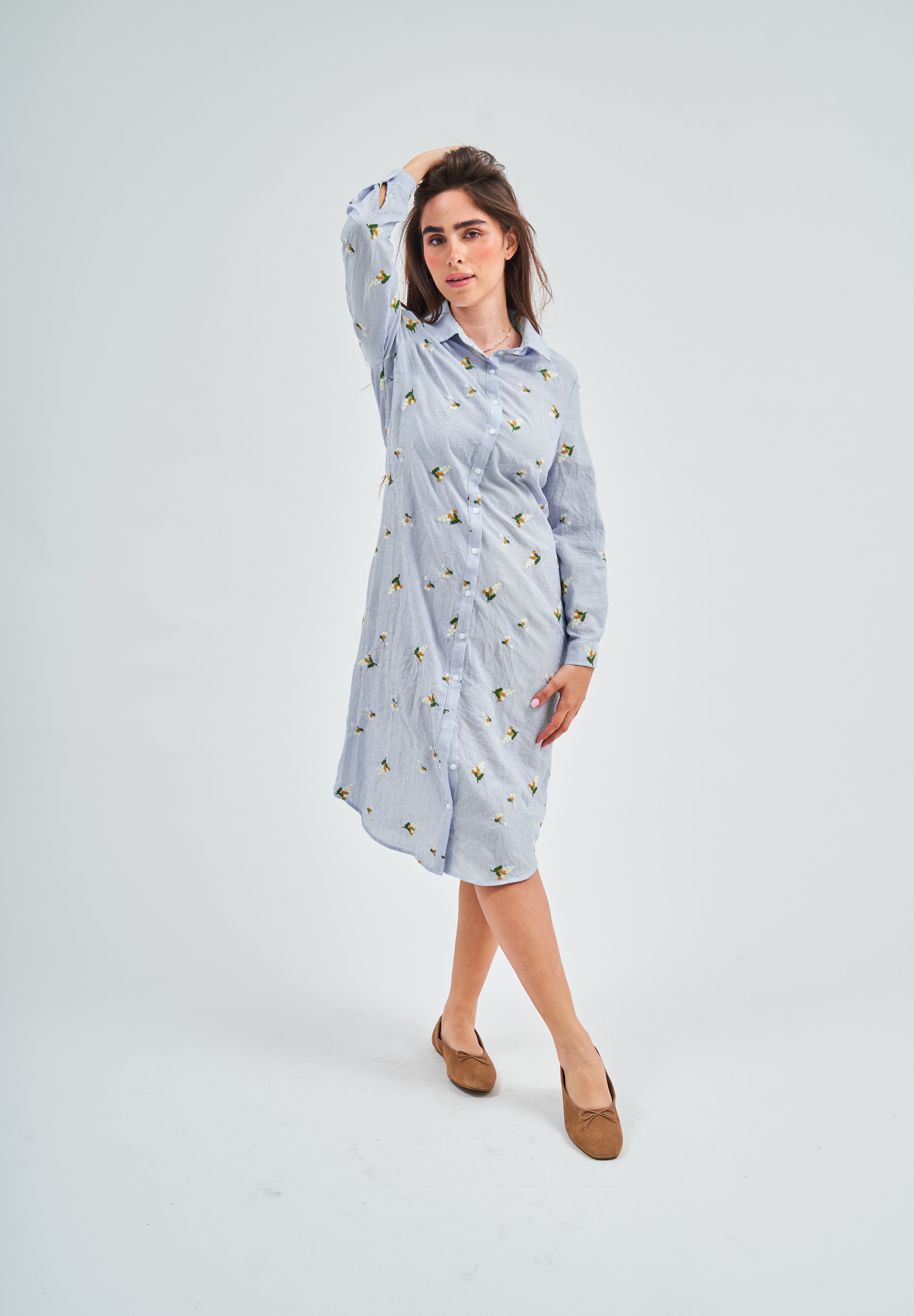 (Cotton) Blue Seersucker Shirt Dress