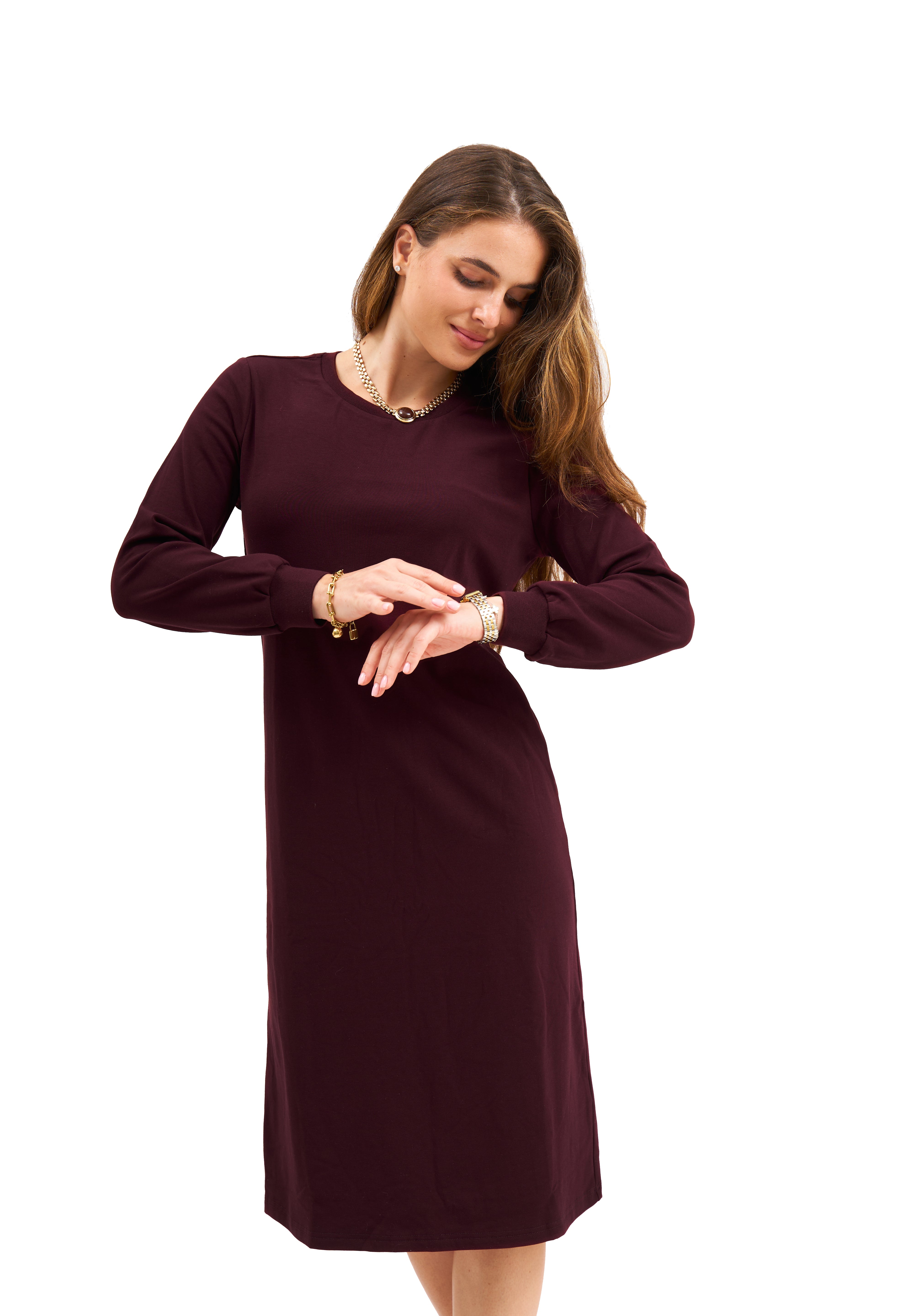 Atelier Modest Sweatshirt Dress for Women | Puff Sleeve Elegant Knit Dress | Merlot