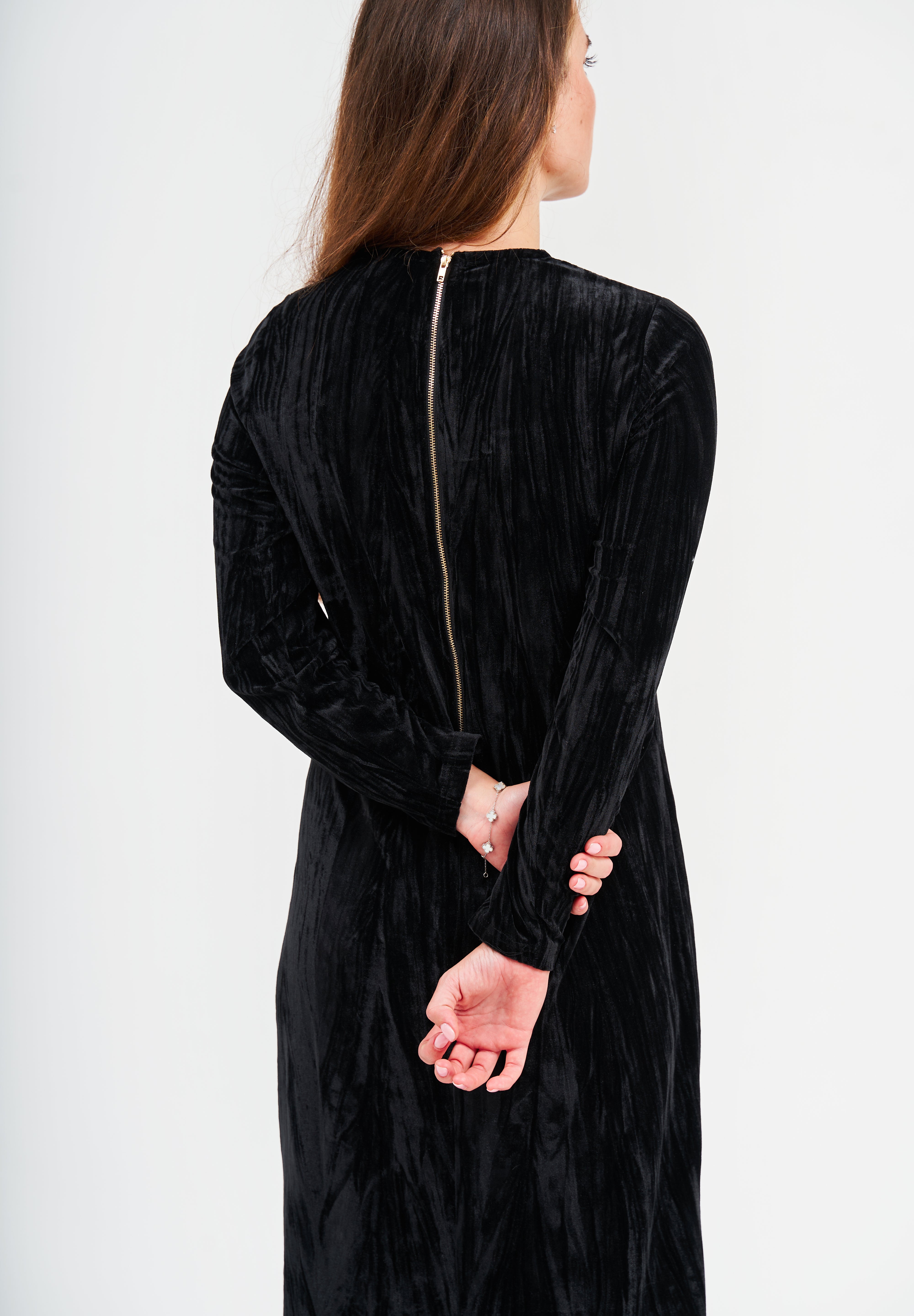 Modest Black Back Zipper Velvet Dress – Women's Fashion