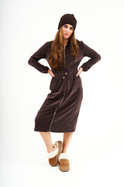 Modest Chocolate Velvet Hoodie Long Dress – Women's Fashion