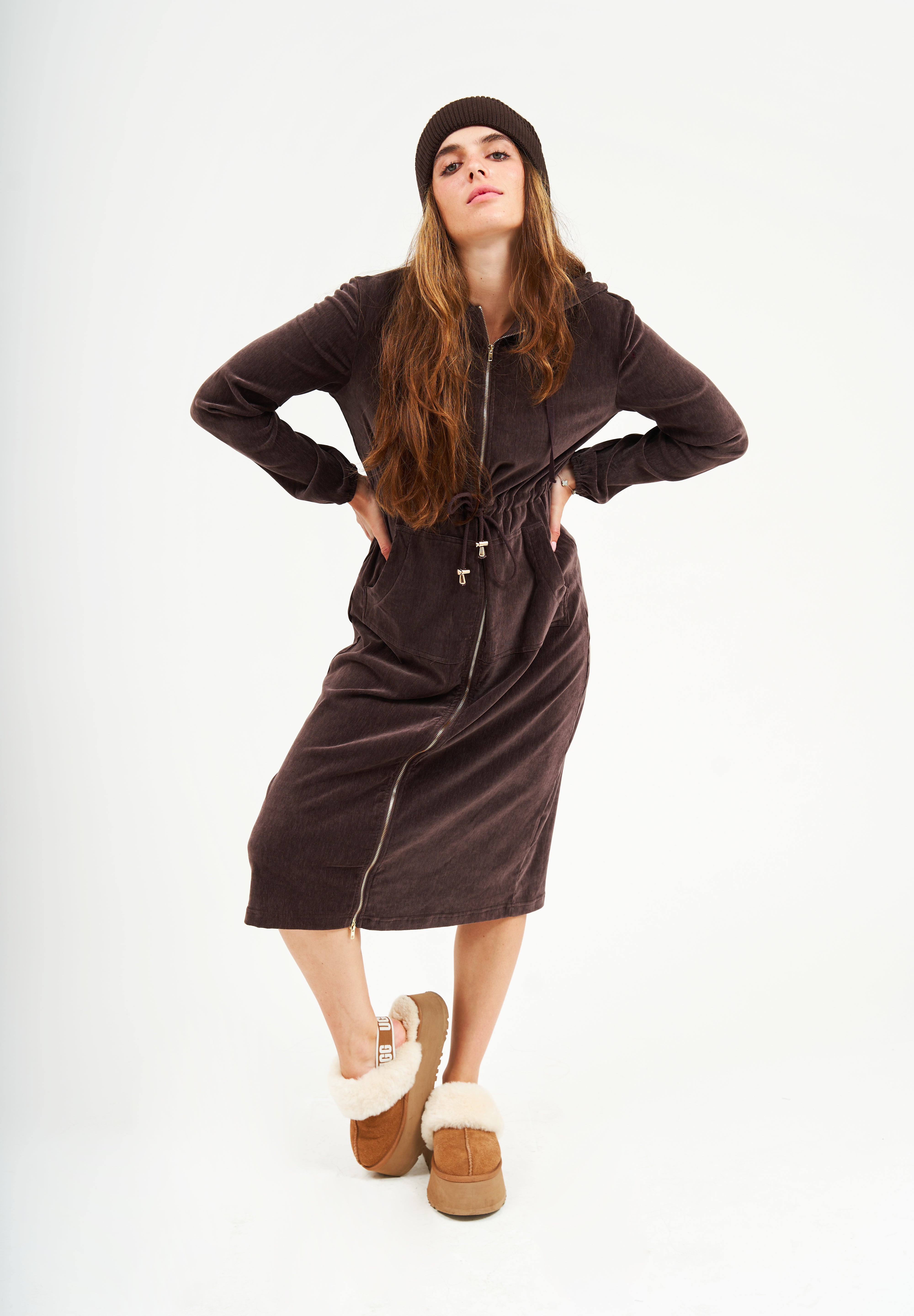 Modest Chocolate Velvet Hoodie Long Dress – Women's Fashion