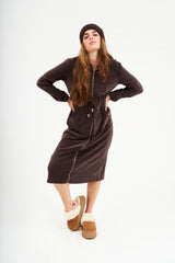 Modest Chocolate Velvet Hoodie Long Dress – Women's Fashion