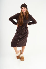 Modest Chocolate Velvet Hoodie Long Dress – Women's Fashion
