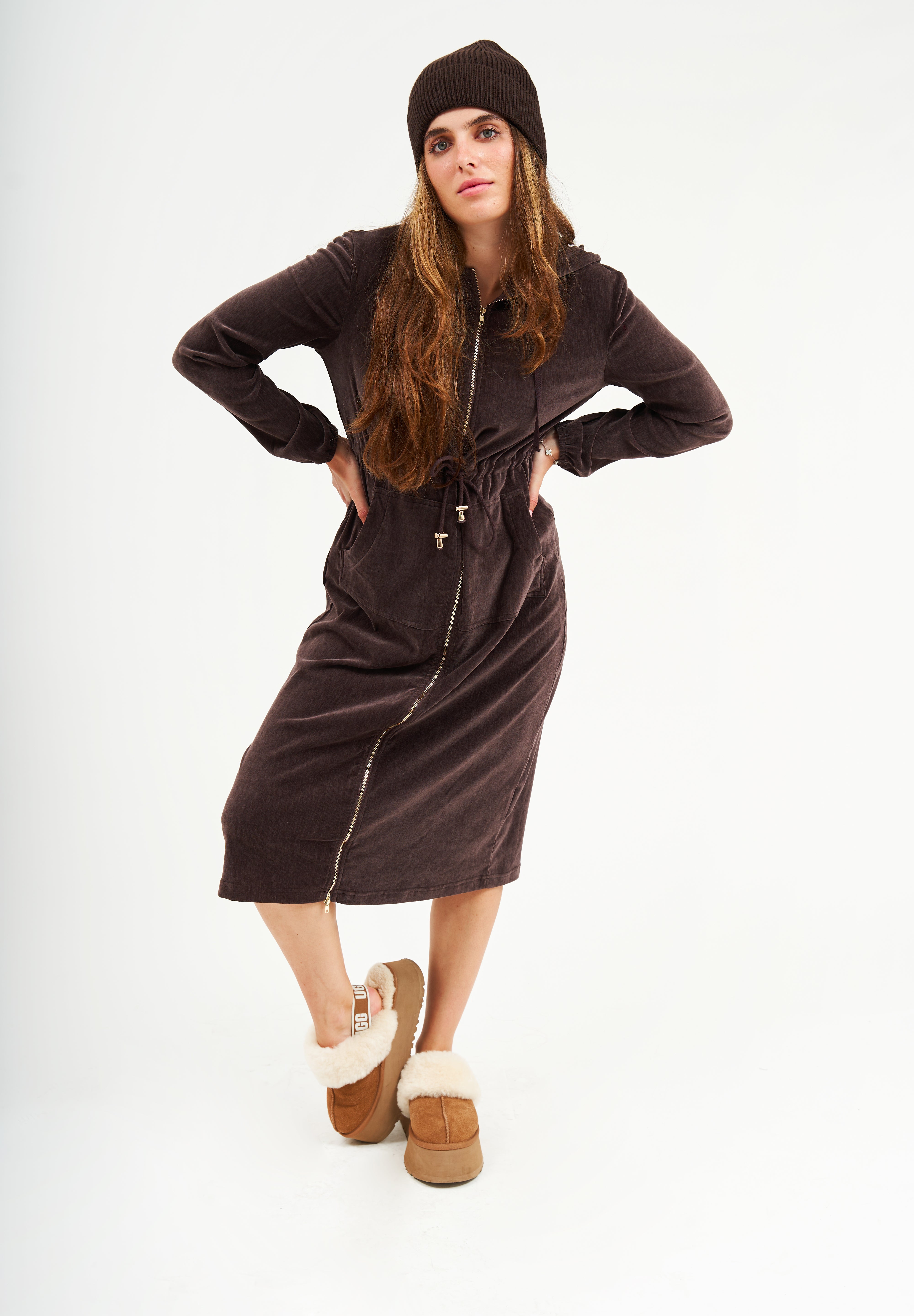 Modest Chocolate Velvet Hoodie Long Dress – Women's Fashion