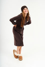 Modest Chocolate Velvet Hoodie Long Dress – Women's Fashion