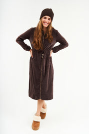 Modest Chocolate Velvet Hoodie Long Dress – Women's Fashion