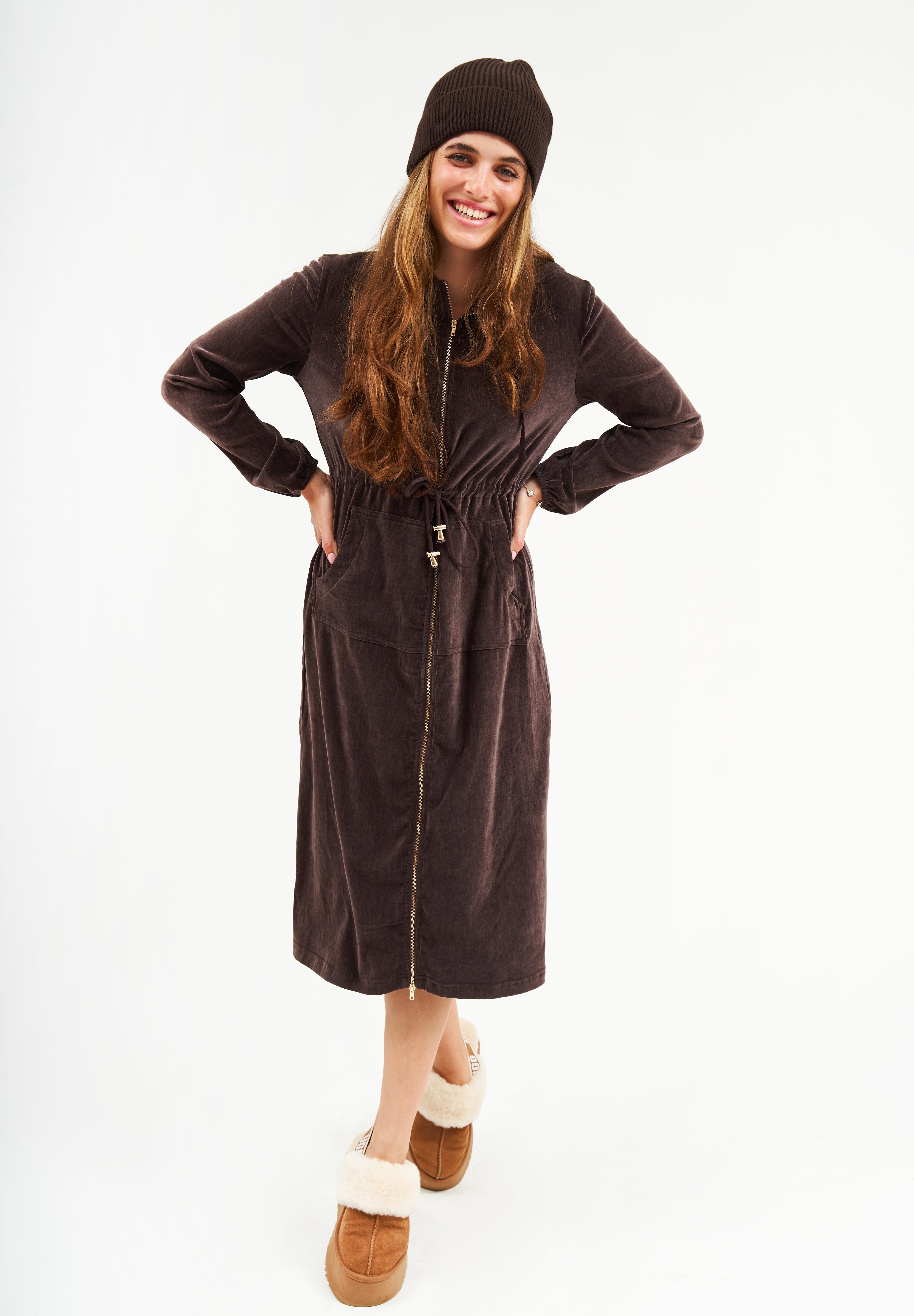 Modest Chocolate Velvet Hoodie Long Dress – Women's Fashion