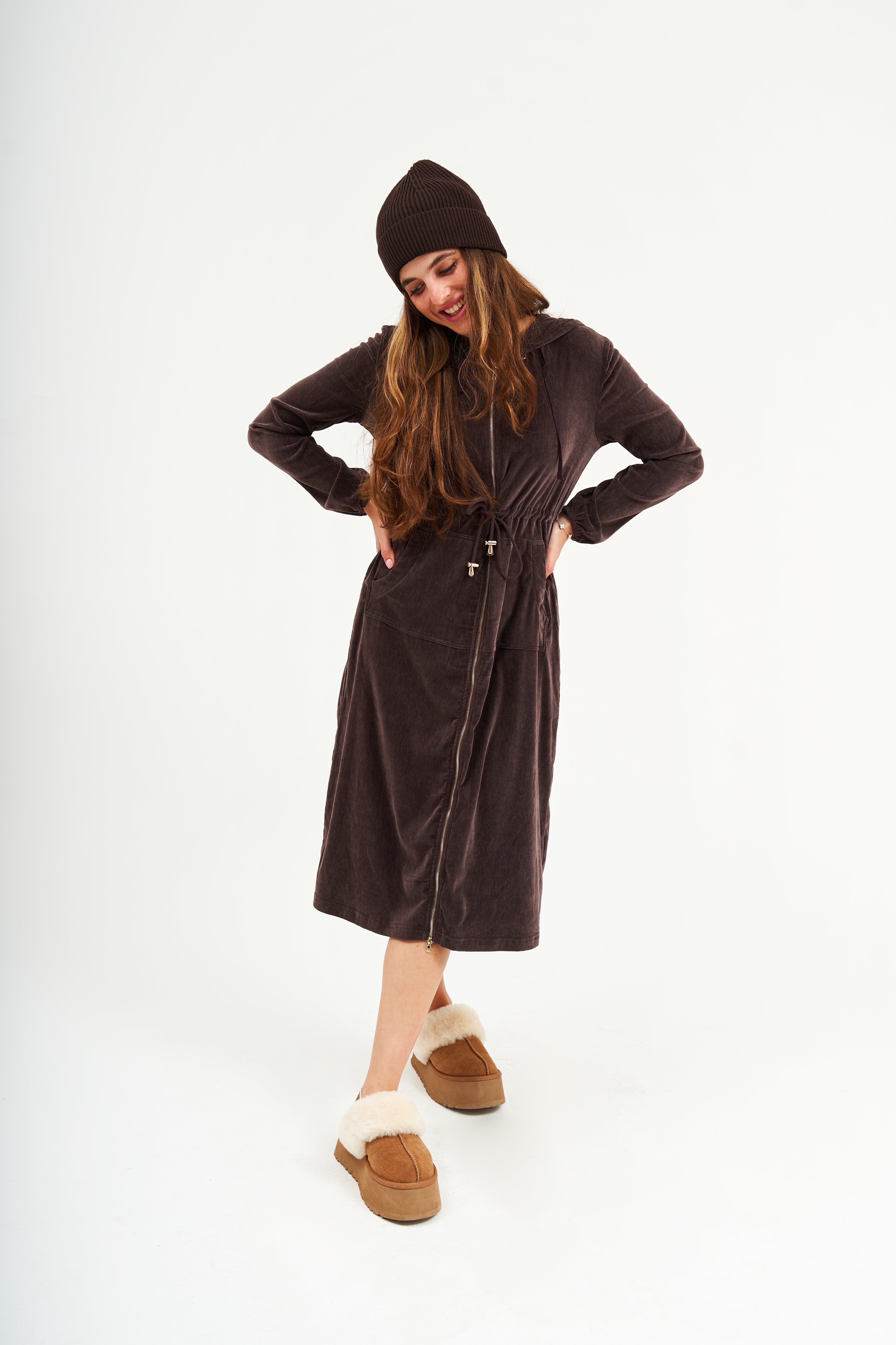 Modest Chocolate Velvet Hoodie Long Dress – Women's Fashion