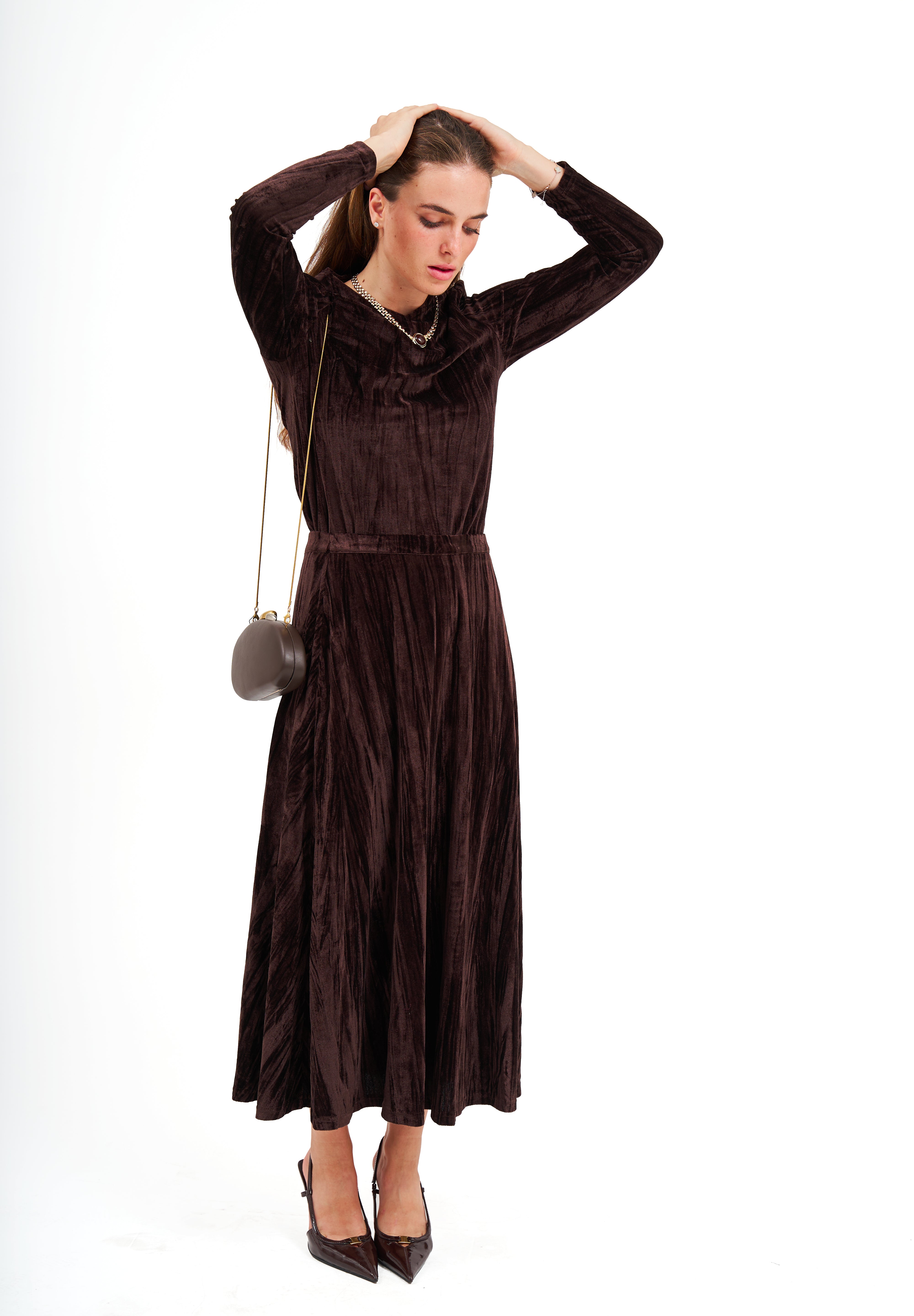 Modest Hazelnut Velvet Midi Skirt – Women's Fashion