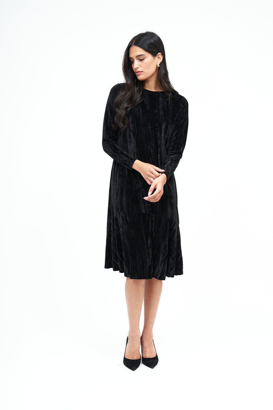 Anthro Ruffle Crushed Velvet Dress: Black