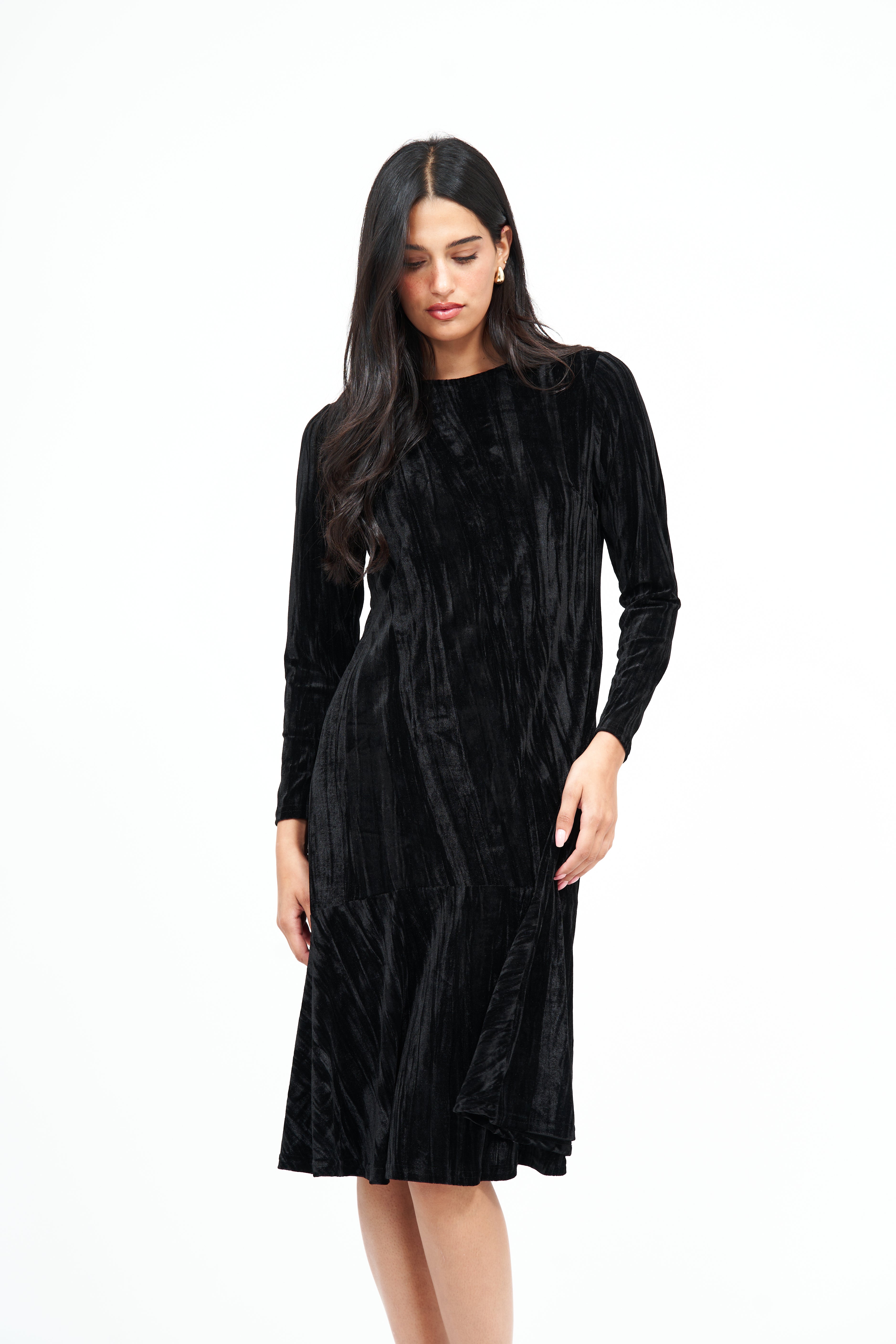 Modest Black Crushed Velvet Ruffle Dress – Women's Elegant Fashion – Daniella Faye USA