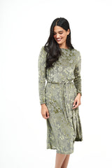 Modest Olive Swing Floral Velvet Dress - Women's Fashion