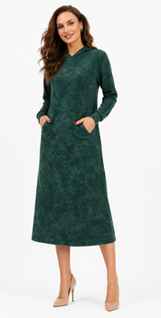 Haven Modest Hoodie Dress for Women | Casual Long Sleeve Knit Dress | Forest Green