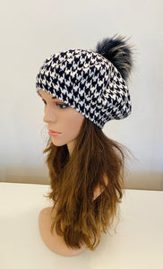 Navy and White Beret with  Pom Pom