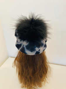 Grey and Blue Cheetah Beret with Pom Pom