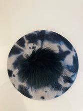 Load image into Gallery viewer, Grey and Blue Cheetah Beret with Pom Pom
