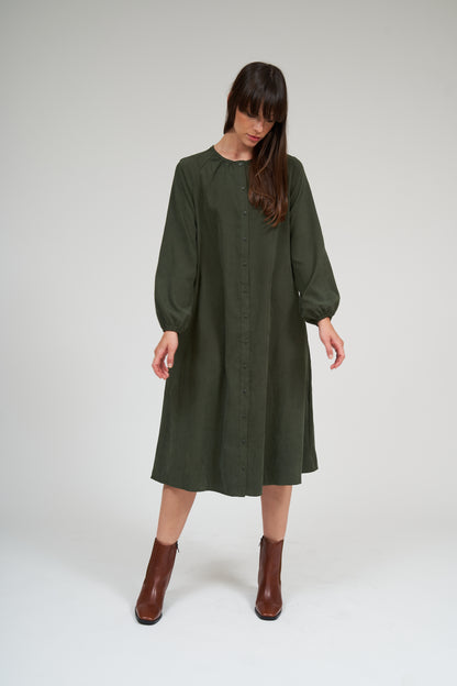 Olivia Raglan Sleeve Button Down Dress- Thyme