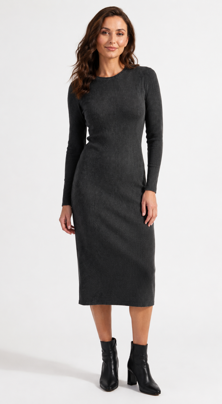 Seraphine Modest Midi Dress for Women | Long Sleeve Relaxed Everyday Dress | Charcoal
