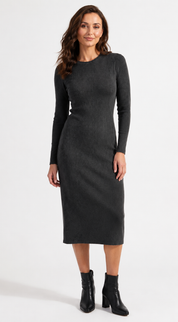 Seraphine Modest Midi Dress for Women | Long Sleeve Relaxed Everyday Dress | Charcoal