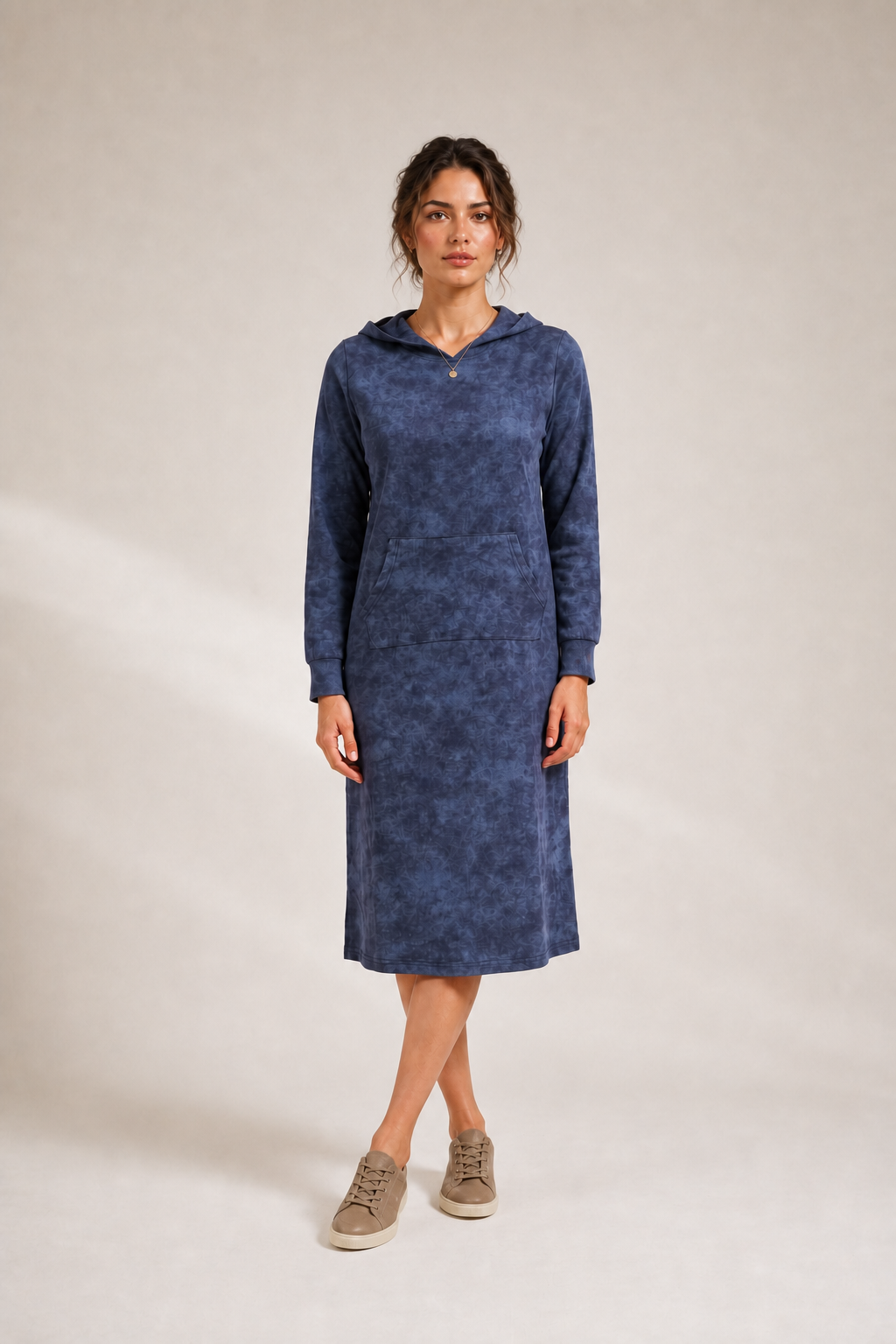 Daniella Faye Affinity pullover hoodie dress in denim — modest women's FW26 collection, view 1