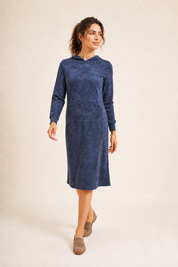 Daniella Faye Affinity pullover hoodie dress in denim — modest women's FW26 collection, view 2