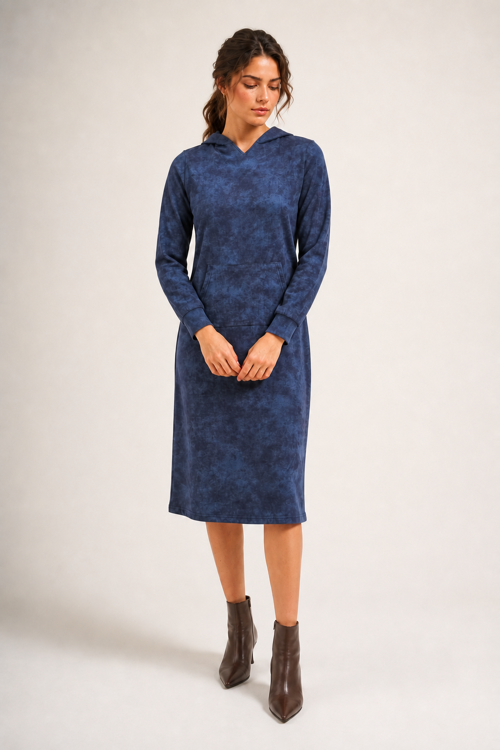 Daniella Faye Affinity pullover hoodie dress in denim — modest women's FW26 collection, view 3