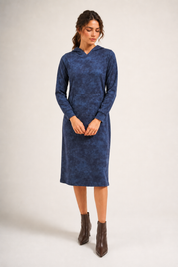 Daniella Faye Affinity pullover hoodie dress in denim — modest women's FW26 collection, view 3