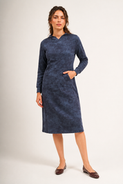 Daniella Faye Affinity pullover hoodie dress in denim — modest women's FW26 collection, view 4