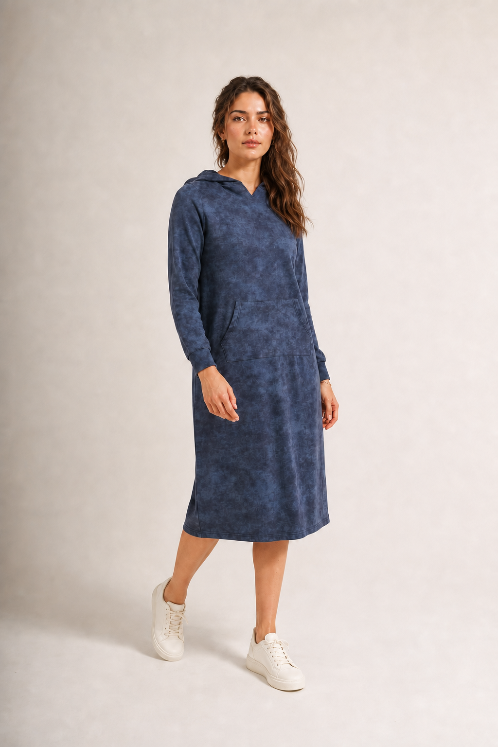 Daniella Faye Affinity pullover hoodie dress in denim — modest women's FW26 collection, view 5