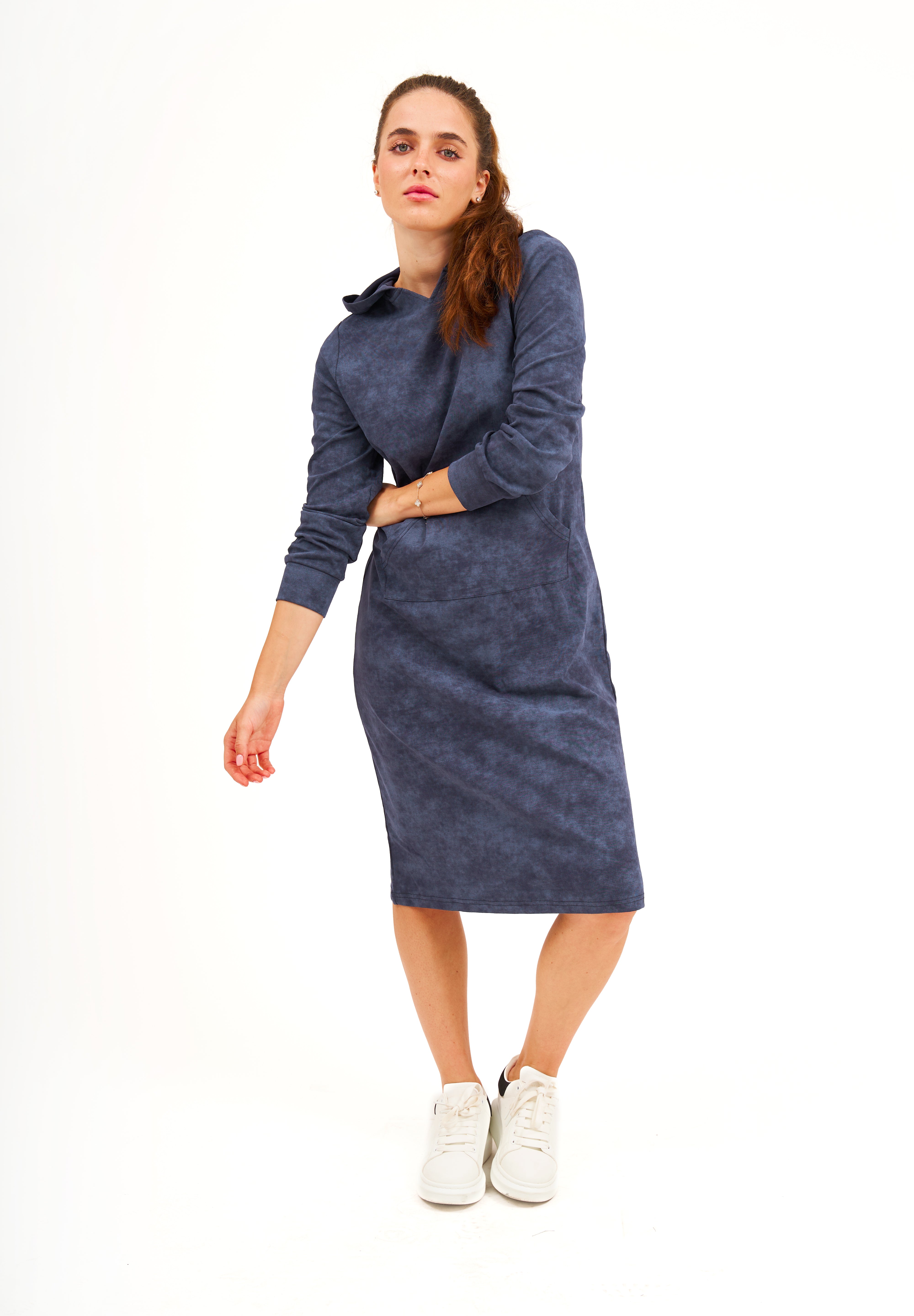 Daniella Faye Affinity pullover hoodie dress in denim — modest women's FW26 collection, photo 1