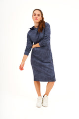 Affinity Modest Hoodie Dress for Women | Casual Long Sleeve Knit Dress | Dark Blue Denim Wash