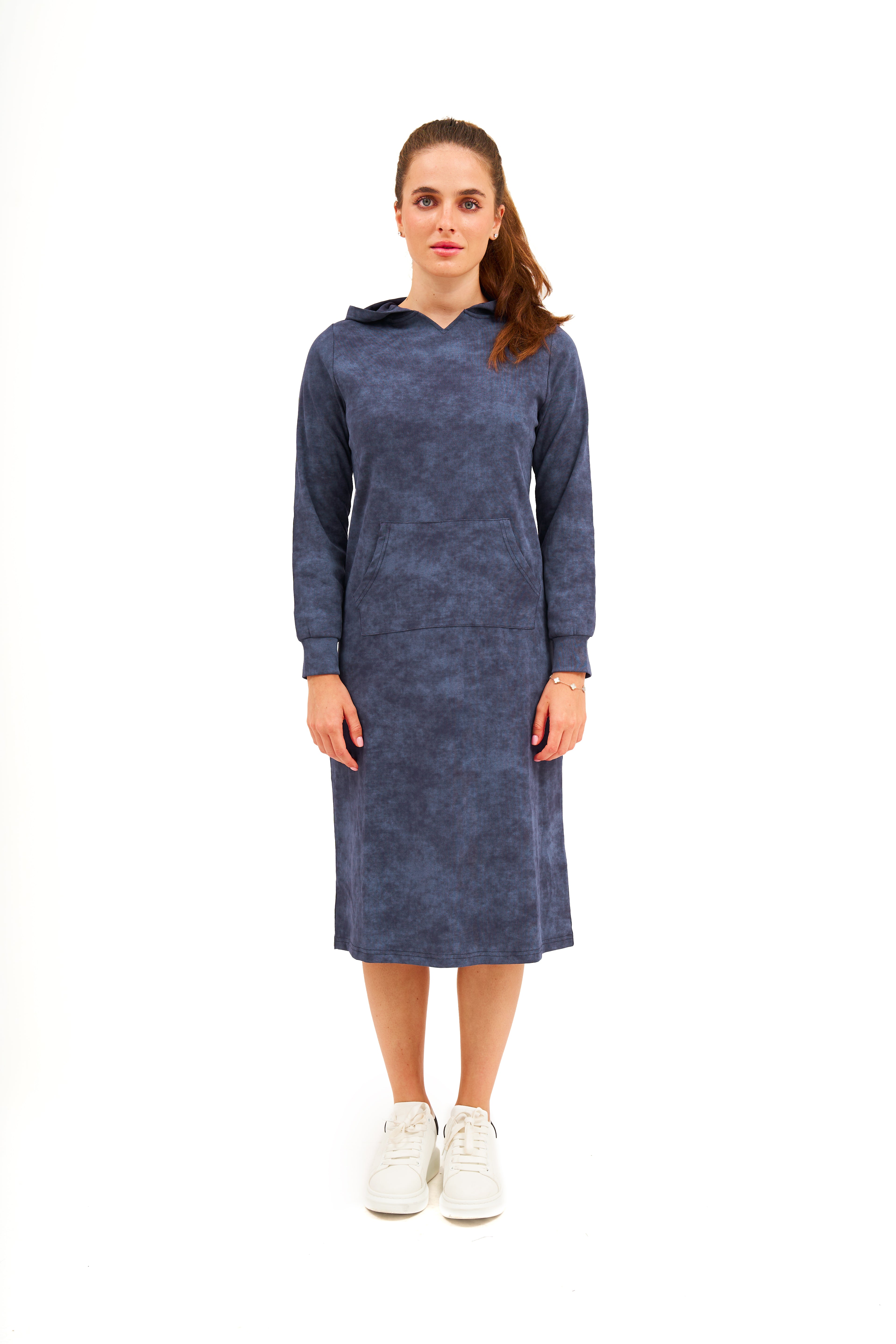 Daniella Faye Affinity pullover hoodie dress in denim — modest women's FW26 collection, photo 2