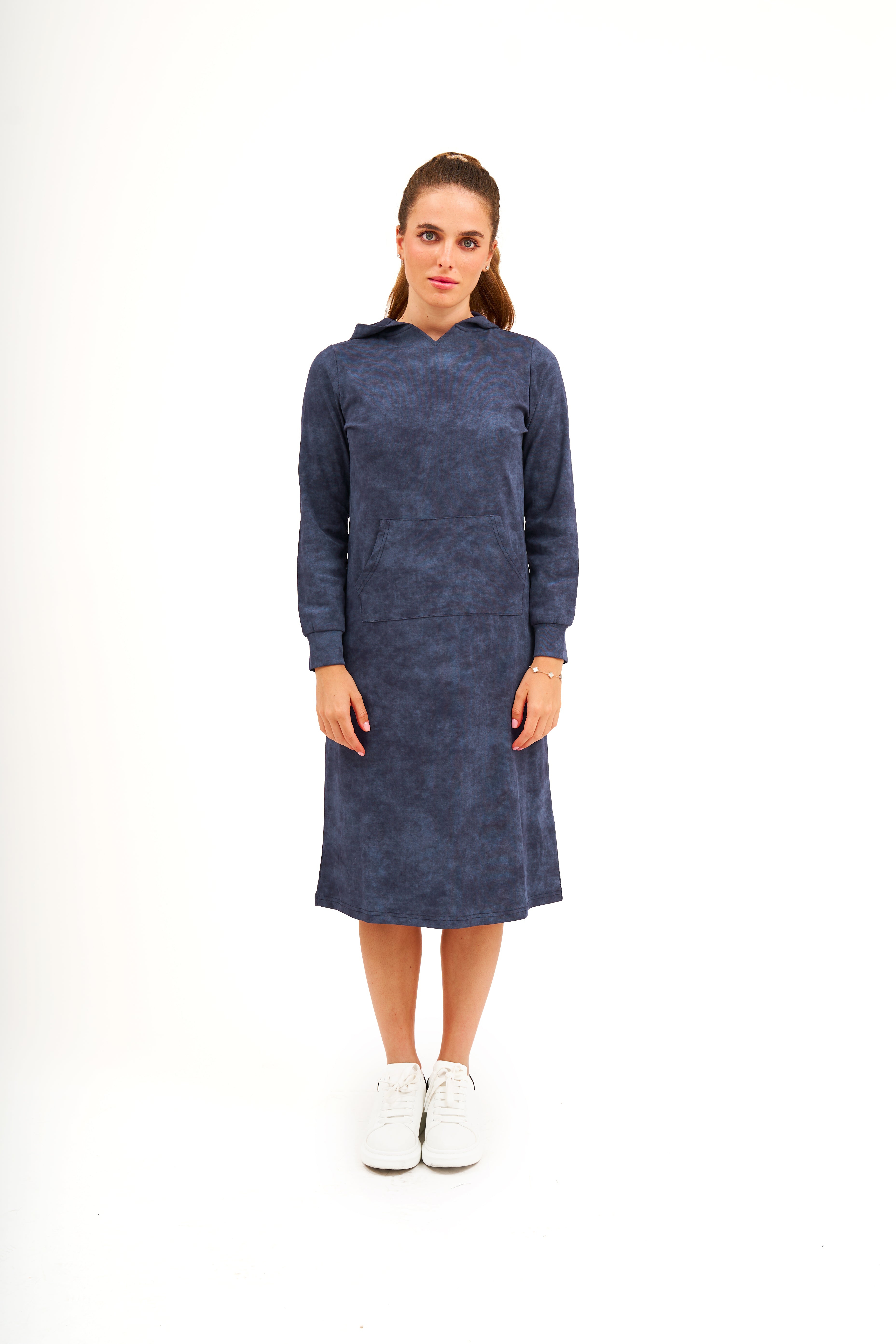 Daniella Faye Affinity pullover hoodie dress in denim — modest women's FW26 collection, photo 3