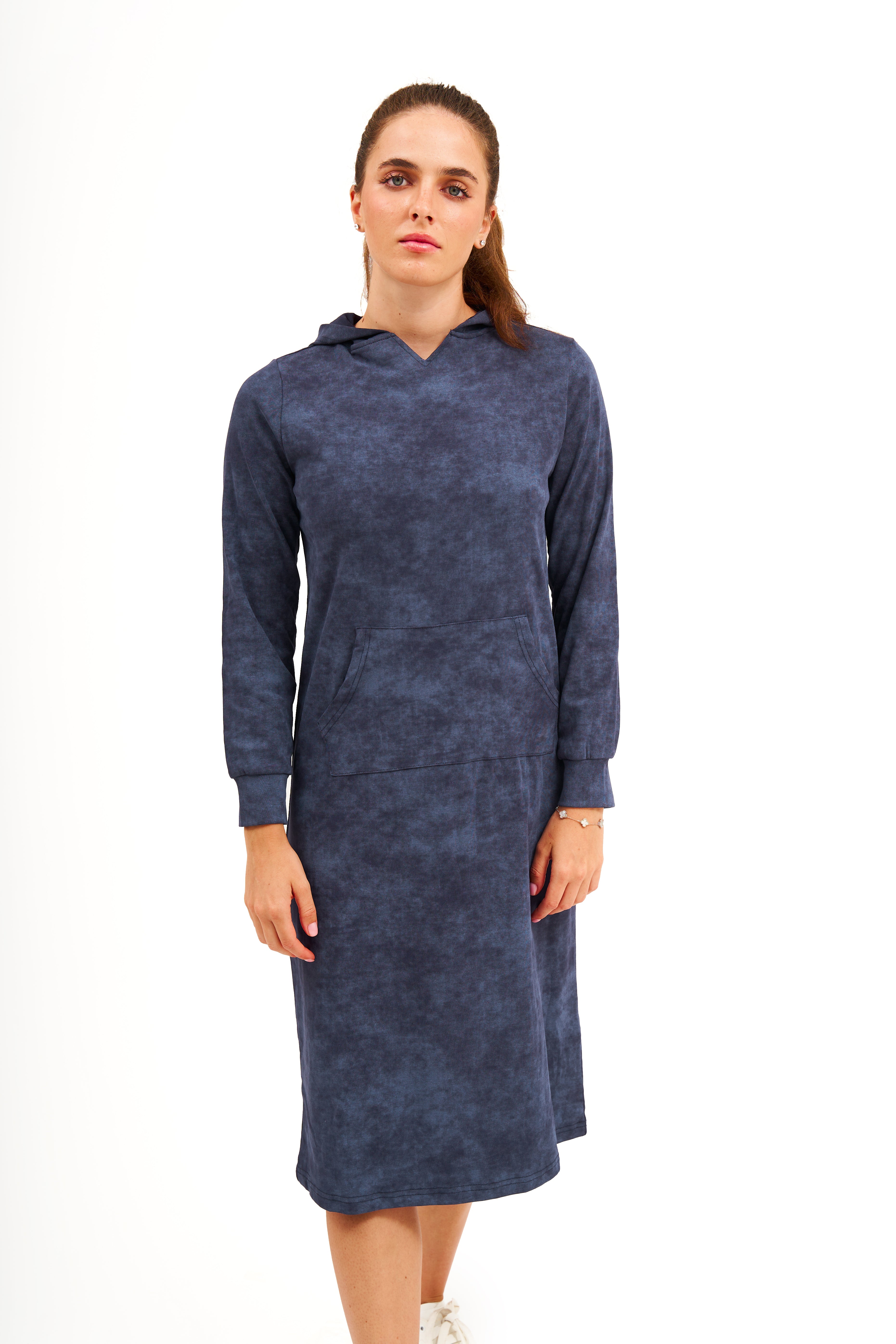 Daniella Faye Affinity pullover hoodie dress in denim — modest women's FW26 collection, photo 4