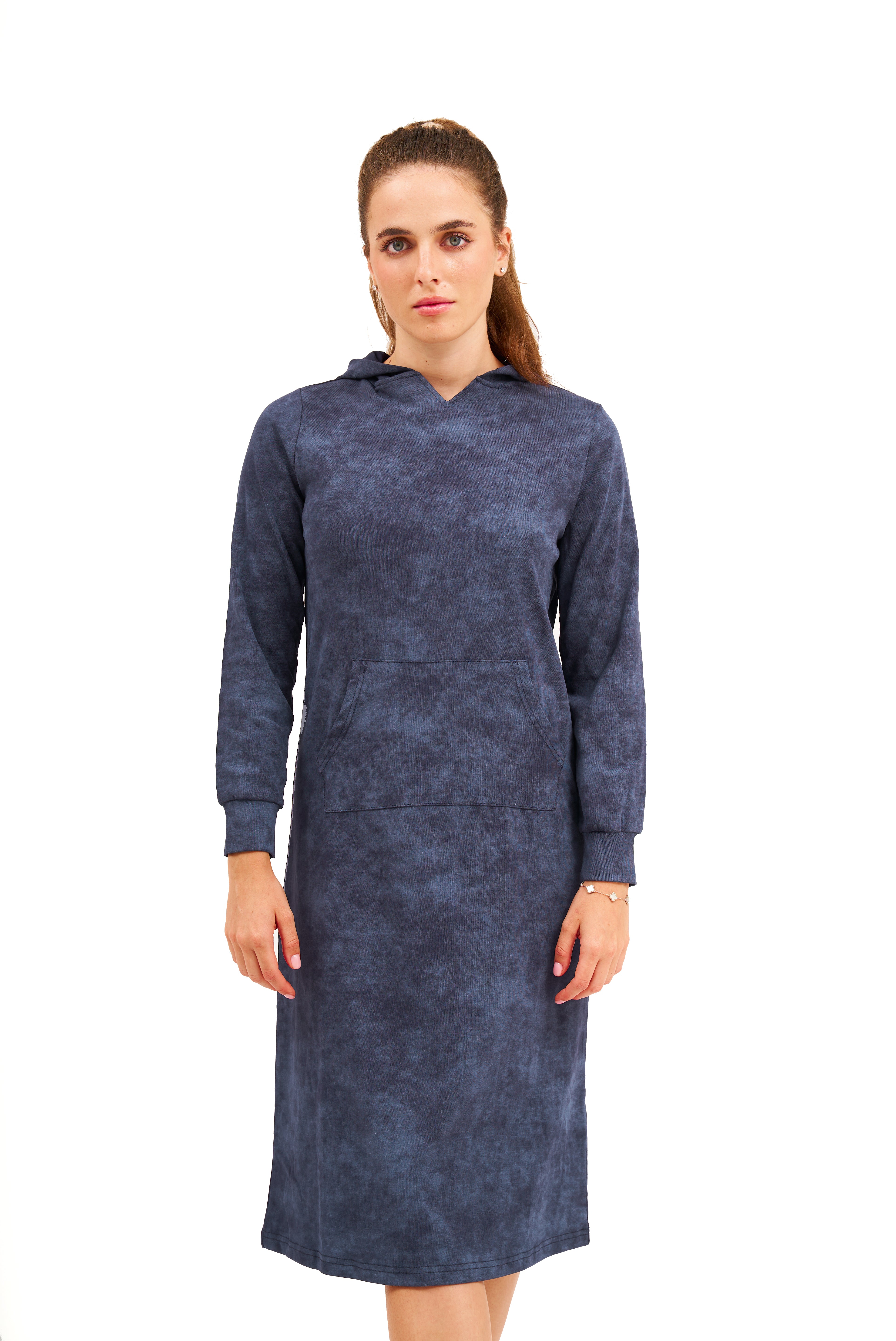 Daniella Faye Affinity pullover hoodie dress in denim — modest women's FW26 collection, photo 5