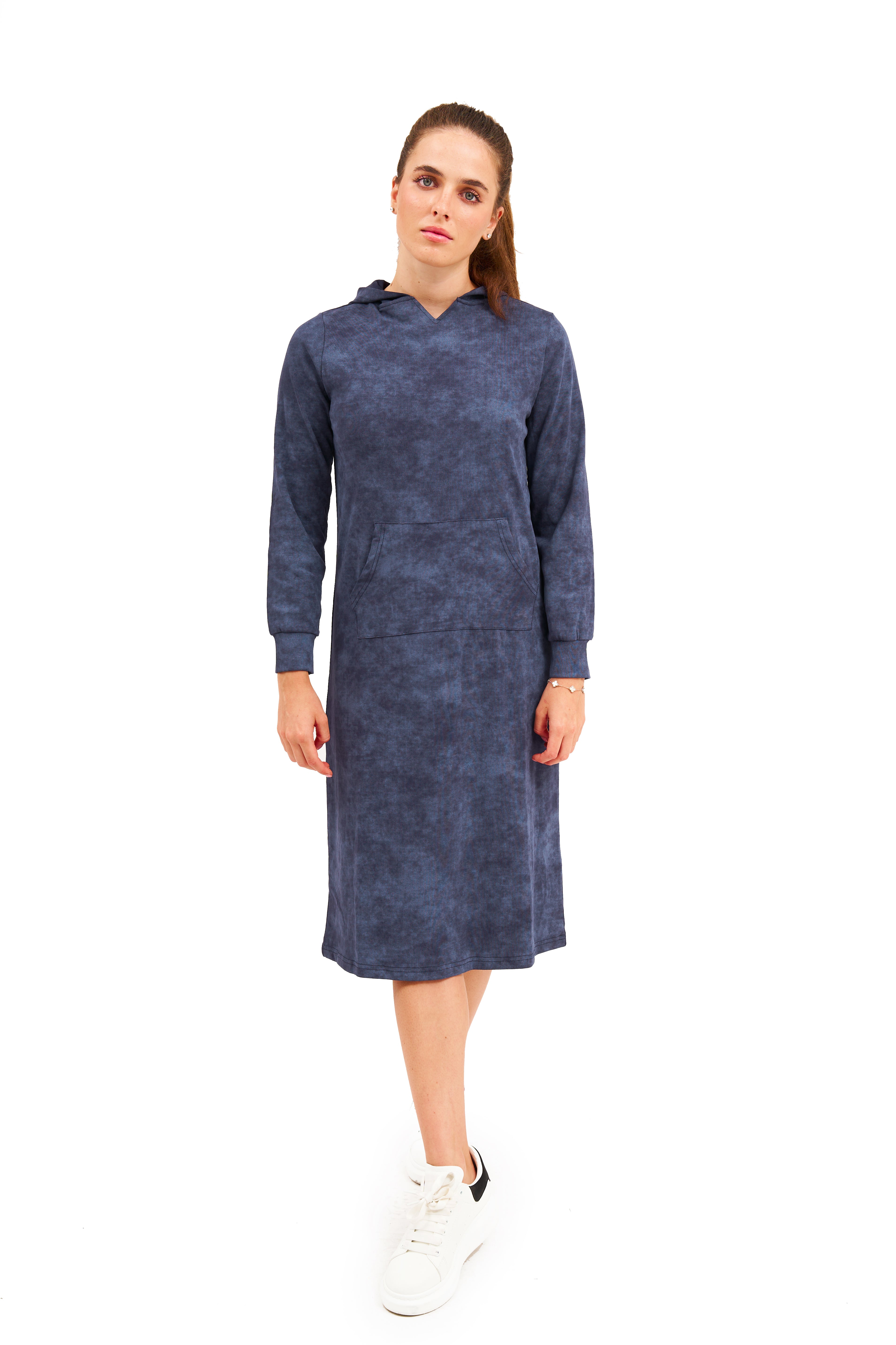 Daniella Faye Affinity pullover hoodie dress in denim — modest women's FW26 collection, photo 6