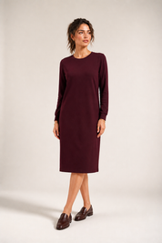 Daniella Faye Atelier puff sleeve dress in merlot — modest women's FW26 collection, view 1
